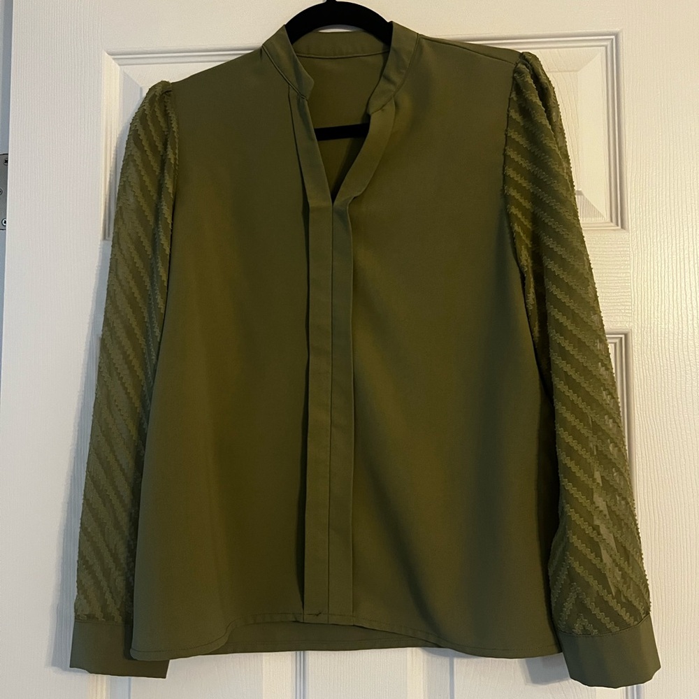 Olive Green Blouse with Patterned Sleeves